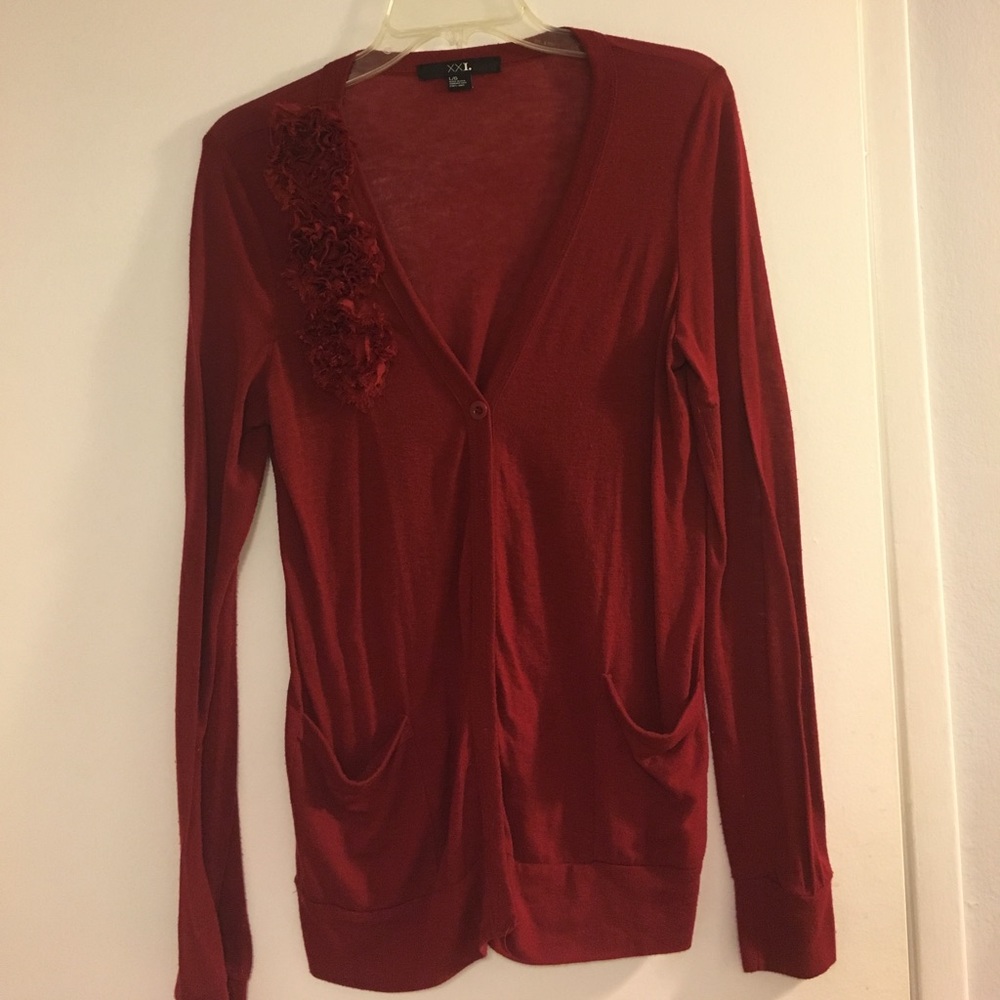 Red cardigan with floral detail