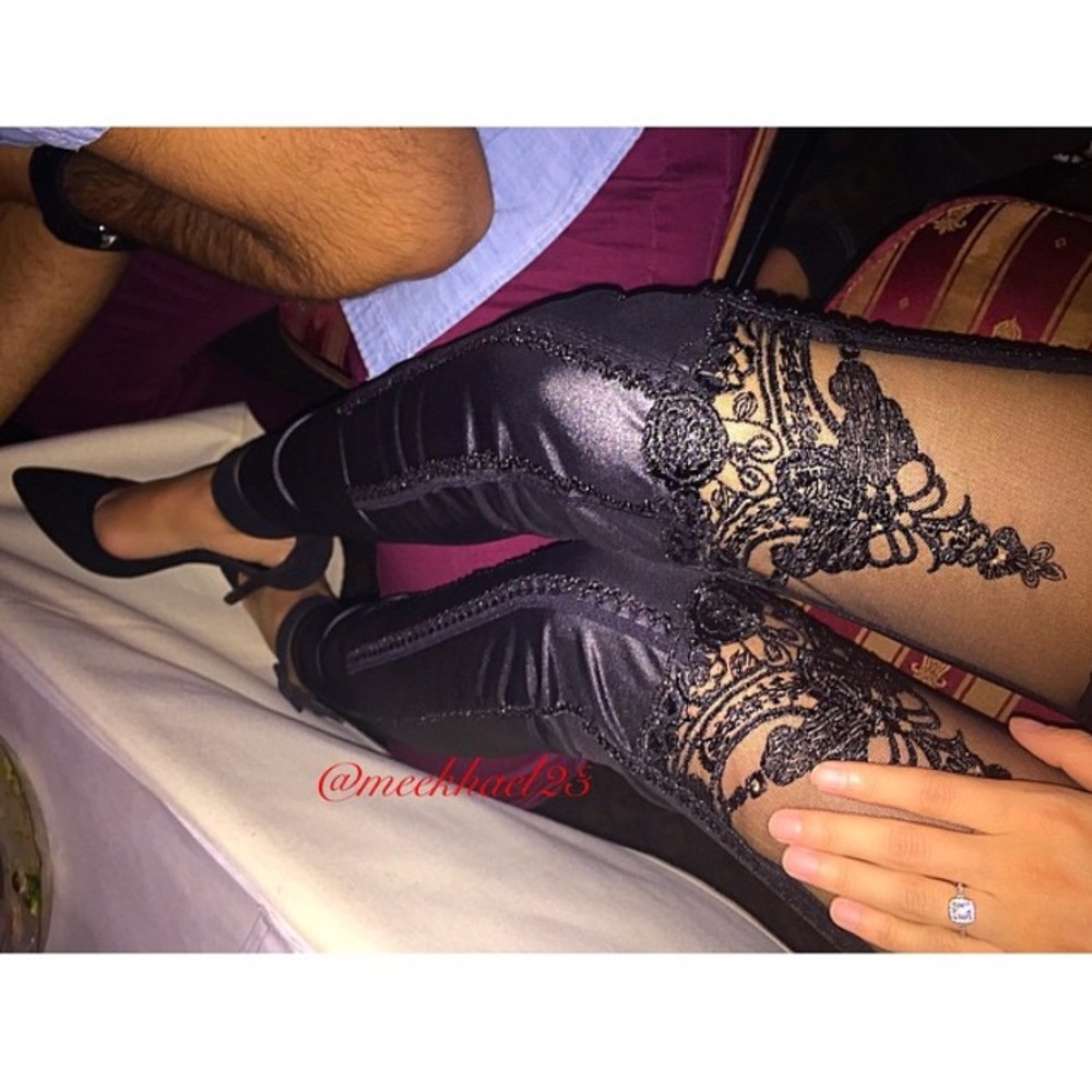 Lace leggings- thin faux leather material.