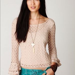 Free People medium nude crochet bell sleeve top
