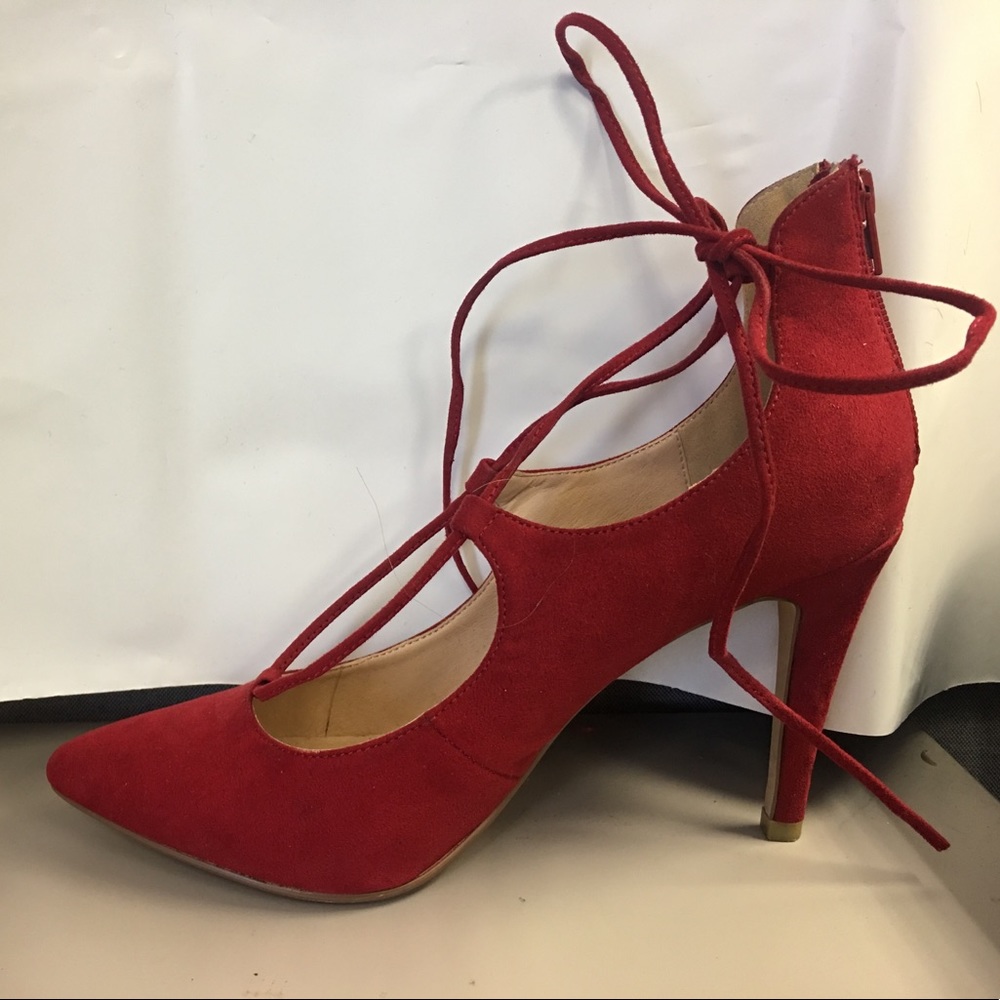 Red suede lace up heels