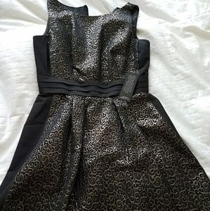 Gold jacquard and black cocktail dress