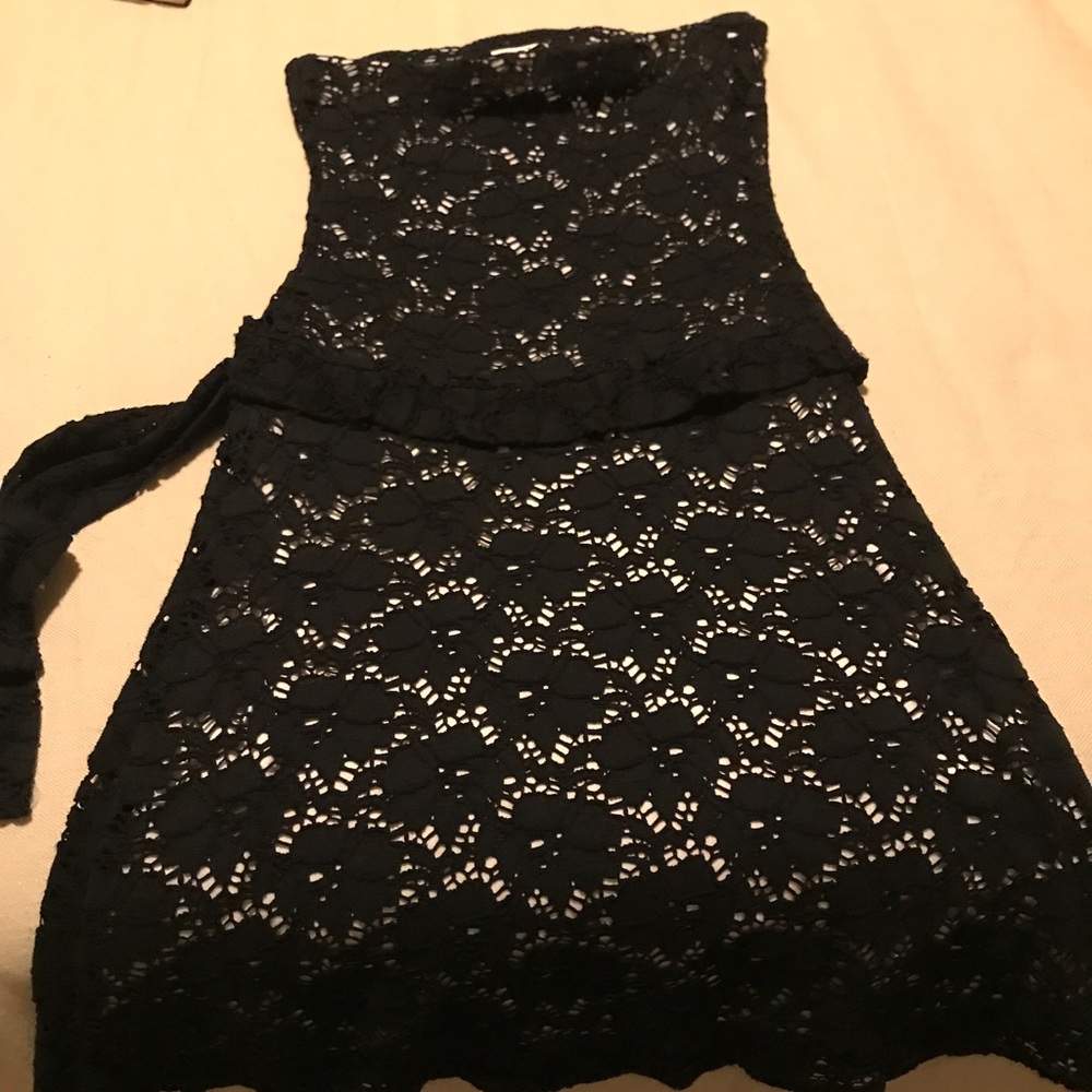Strapless black lace mini dress