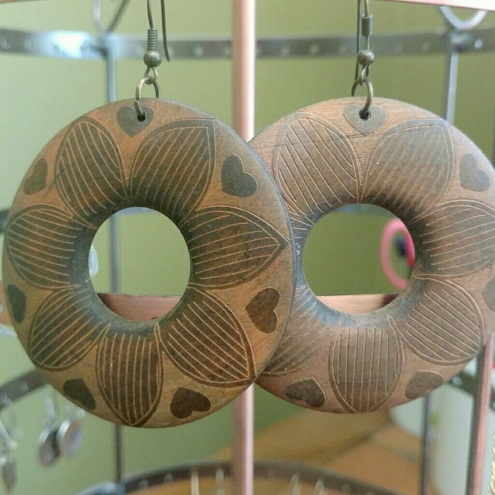 Round Carved Wooden Earrings