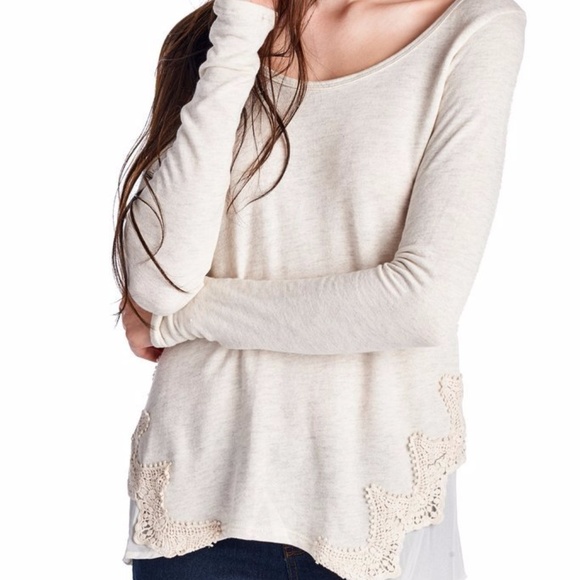 Oatmeal Lace-Accent Scoop Neck Top - Picture 1 of 2