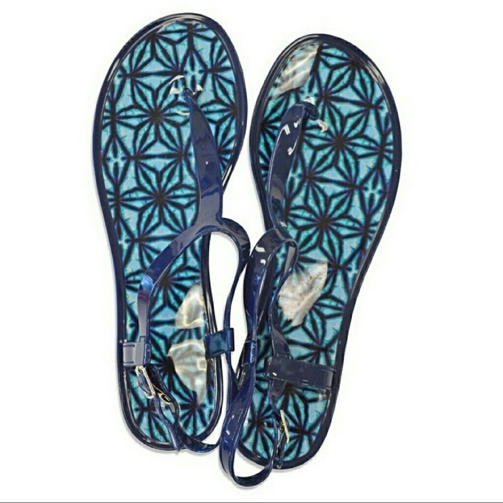 T-Strap Jelly Sandals , Indigo Batik print