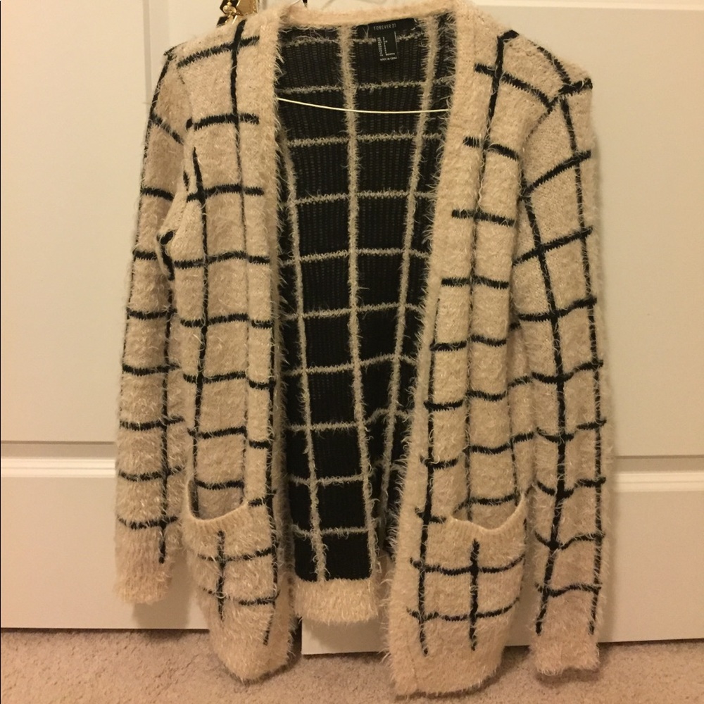 Windowpane striped fuzzy cardigan