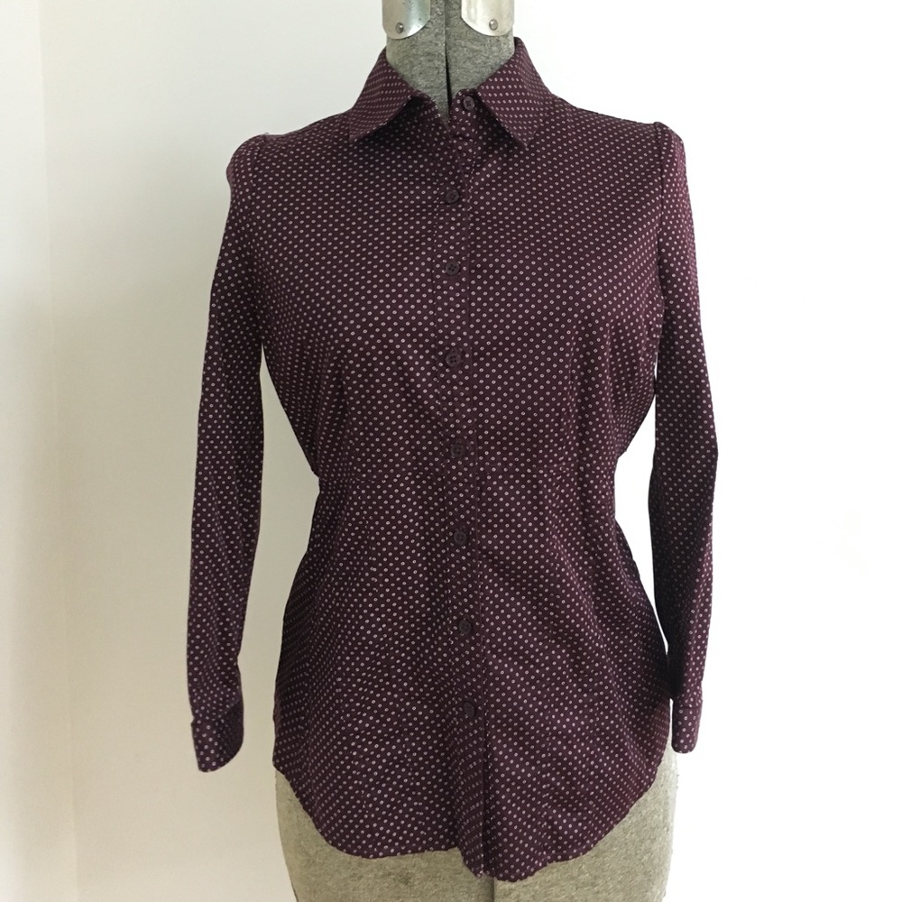 New York & Company Maroon Print Dress Shirt