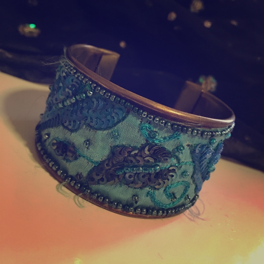 Sequin embroidered pale blue velvet cuff