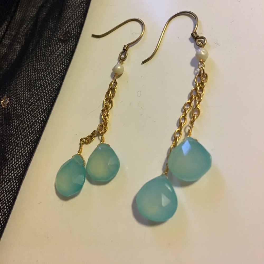 Pale blue glass drop earrings with pearl accents