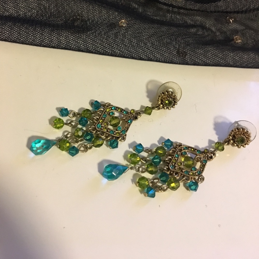 Green and blue chandelier Swarovski earrings