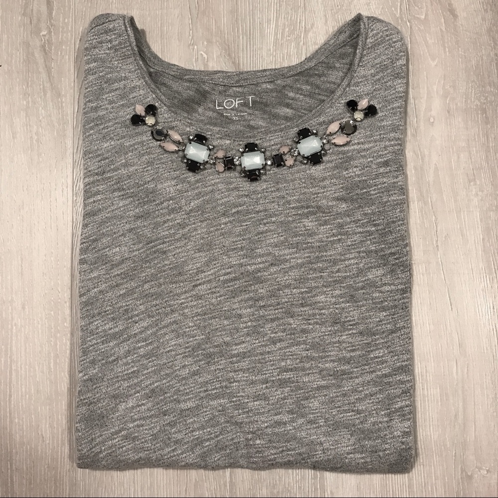 LOFT | Gem Embellished Marled Gray Top