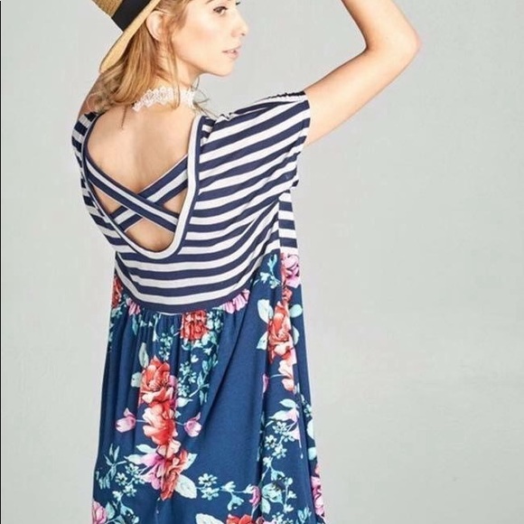 SALE Navy Blue Stripe and Floral Dress || Large - Picture 2 of 2