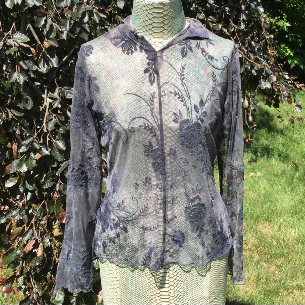 Rialto Sheer Long Sleeve Blue Flower Shirt