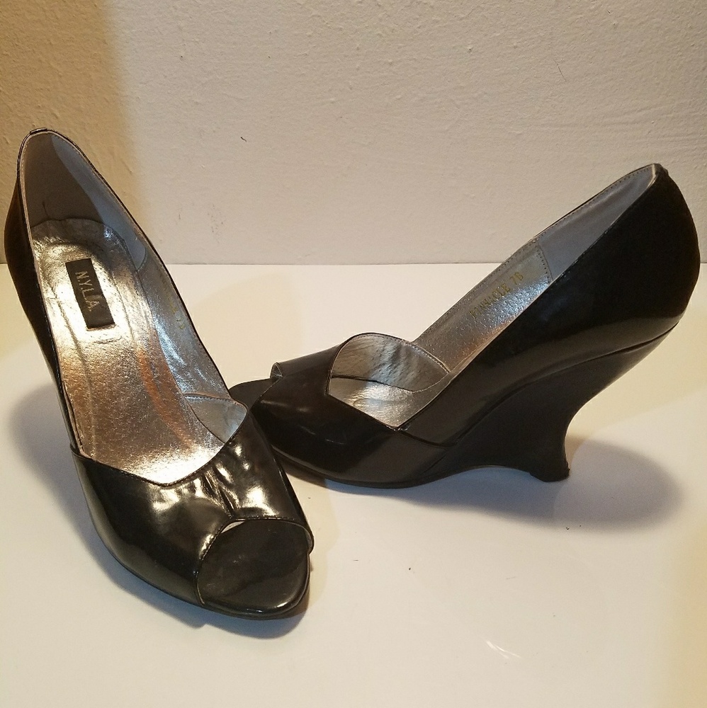 Black Leather Peep Toe Wedges