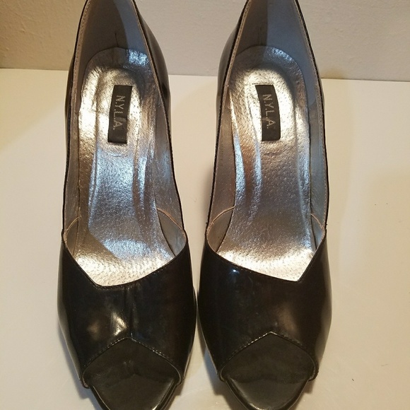 Black Leather Peep Toe Wedges - Picture 2 of 4