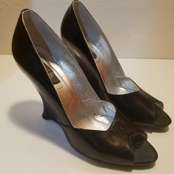 Black Leather Peep Toe Wedges - Picture 3 of 4