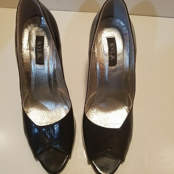 Black Leather Peep Toe Wedges - Picture 4 of 4