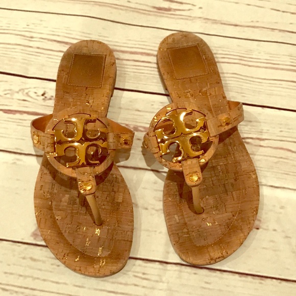 Tory Burch Shoes - Tory Burch Cork and Gold Metal Miller Sandals