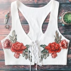 Lace Up Embroidered Knitted Crop Tank Top
