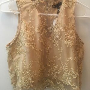 Nude crop top with mesh gold floral detail