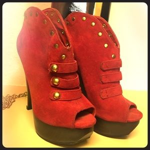 Red Ankle Heeled Peep Toe Boots