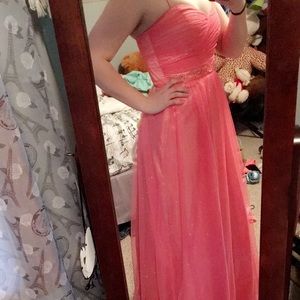 Floor length coral prom dress