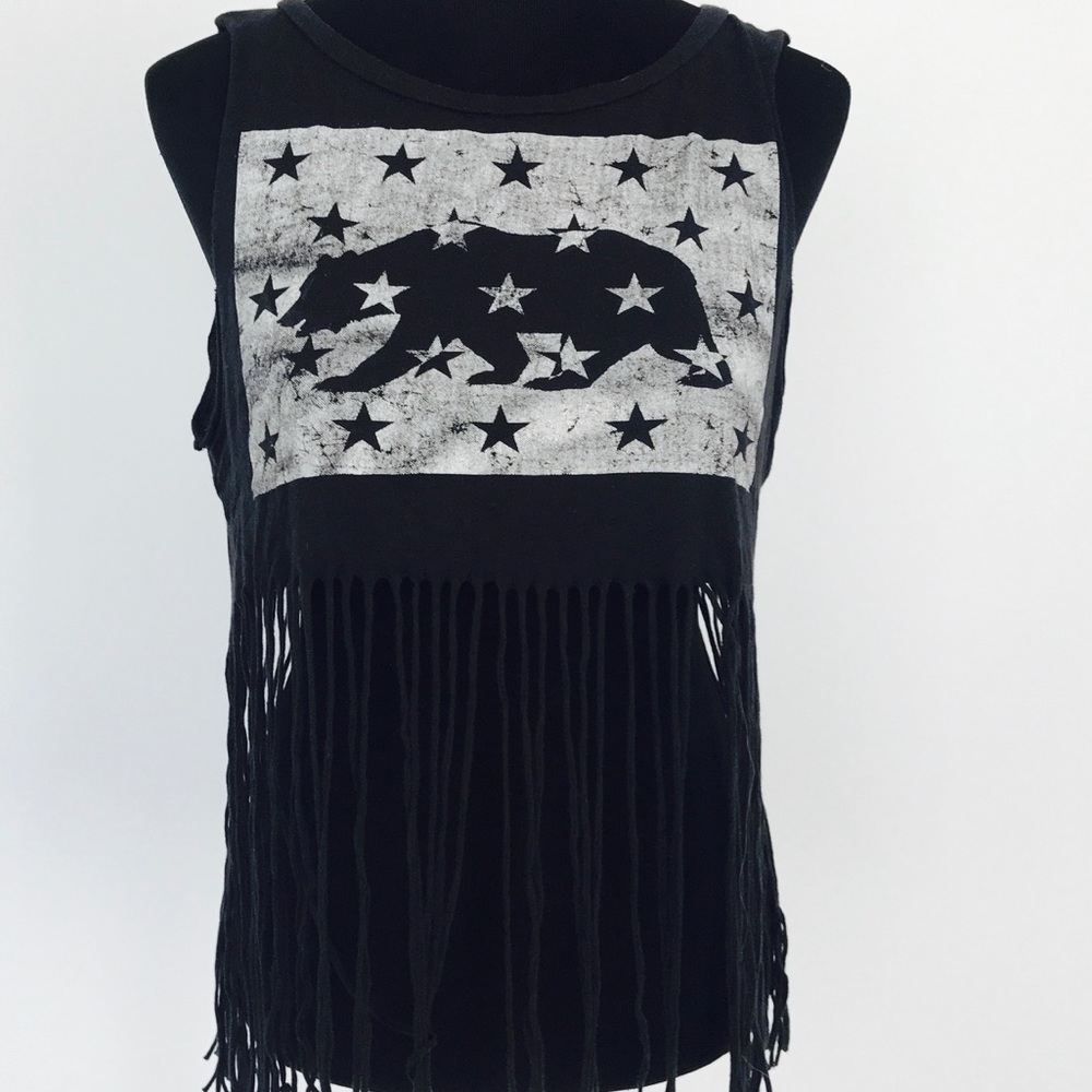 Distressed fringe California bear crop top