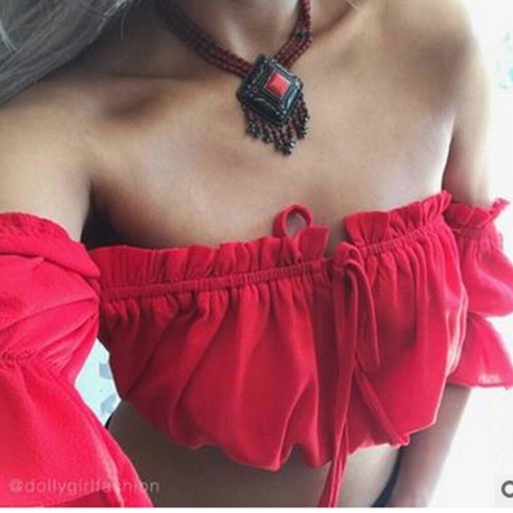 Red chiffon off the shoulder ruffle boho crop top