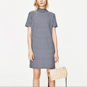 Zara blue/ white checked mini jacquard dress