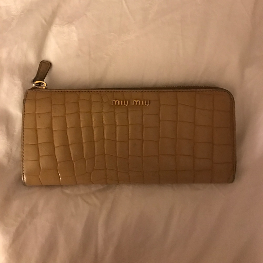 Miu Miu beige large zipper leather wallet