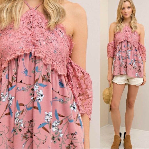 🆕Floral Open-Shoulder Contrast Lace Halter Top - Picture 3 of 4