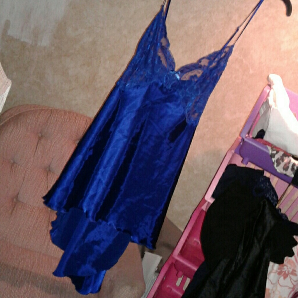 Royal Blue Polyester Nightie w Matching Lace Trim
