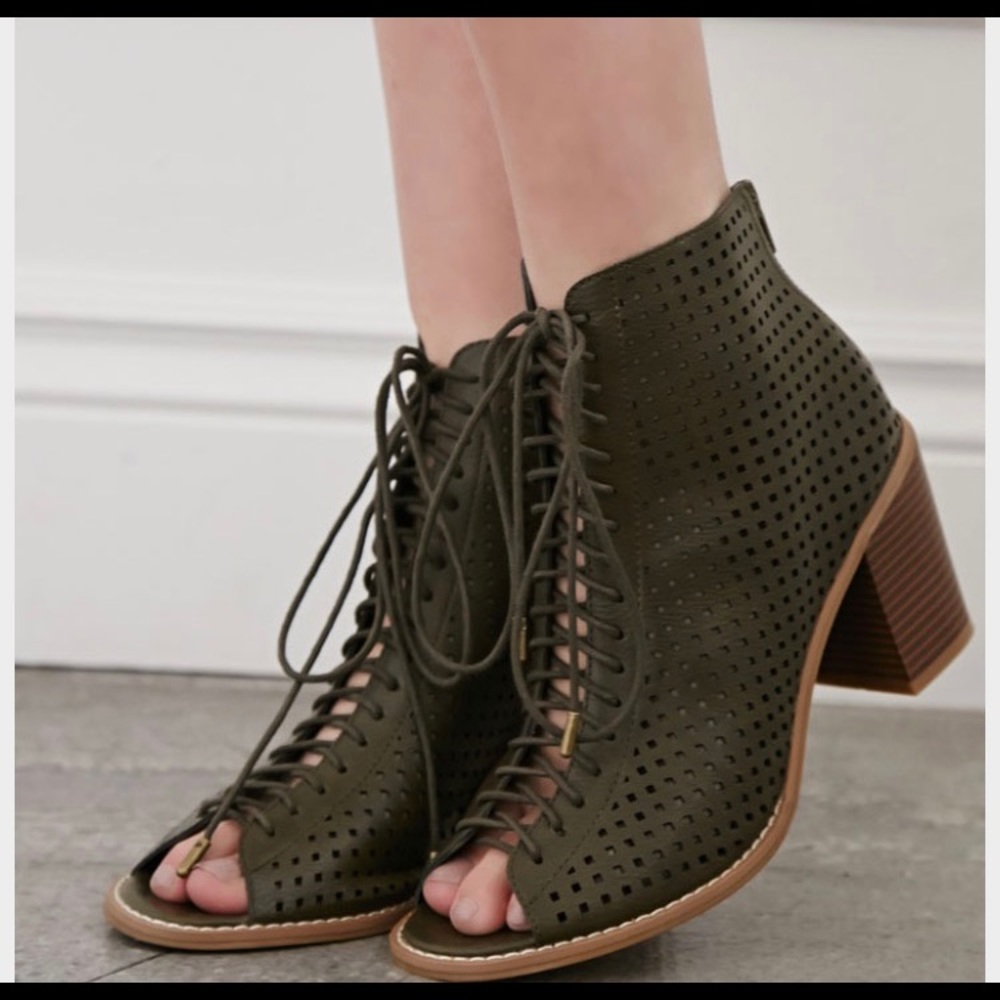 Olive green perforated lace up heels