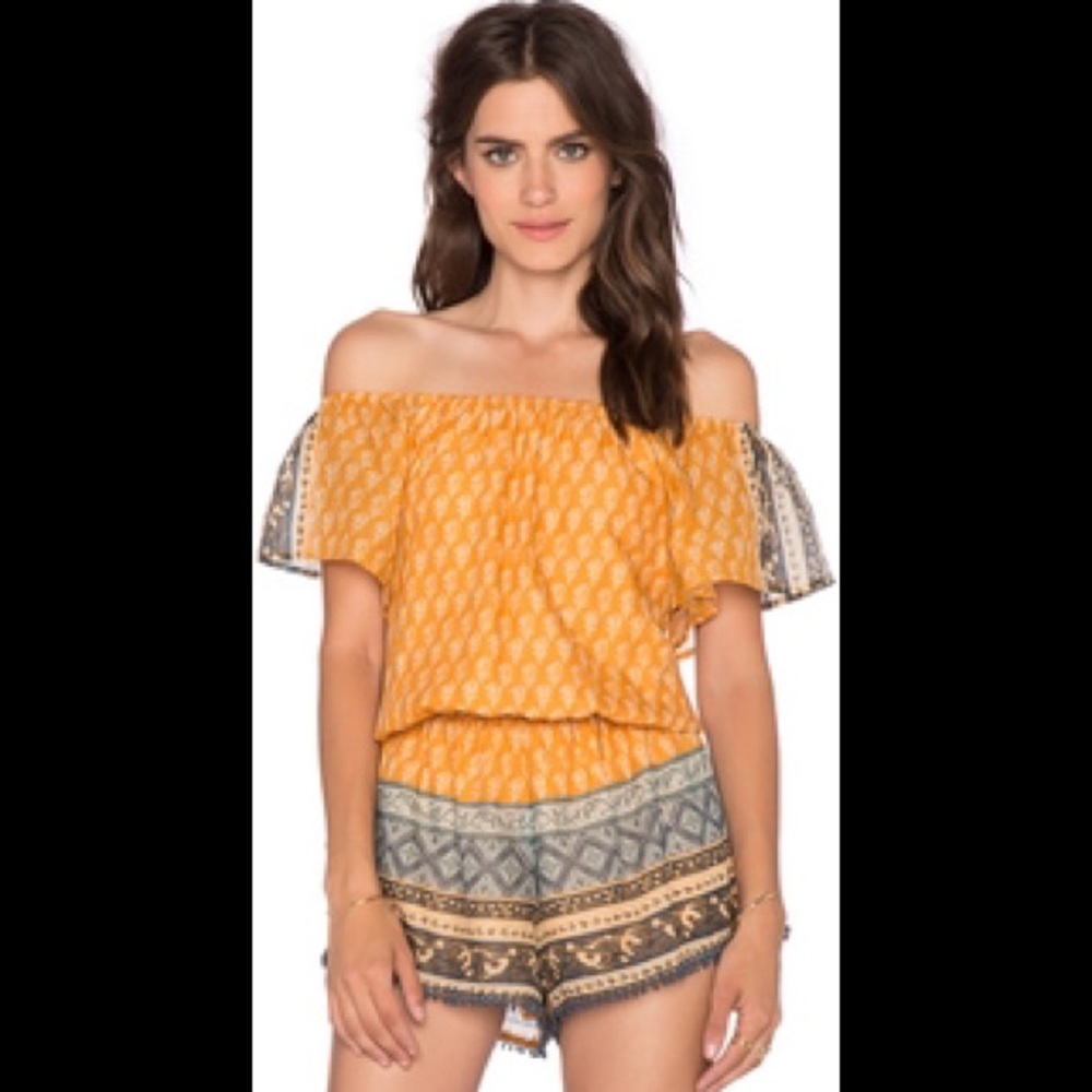 REVOLVE - Over the Shoulder Yellow Romper