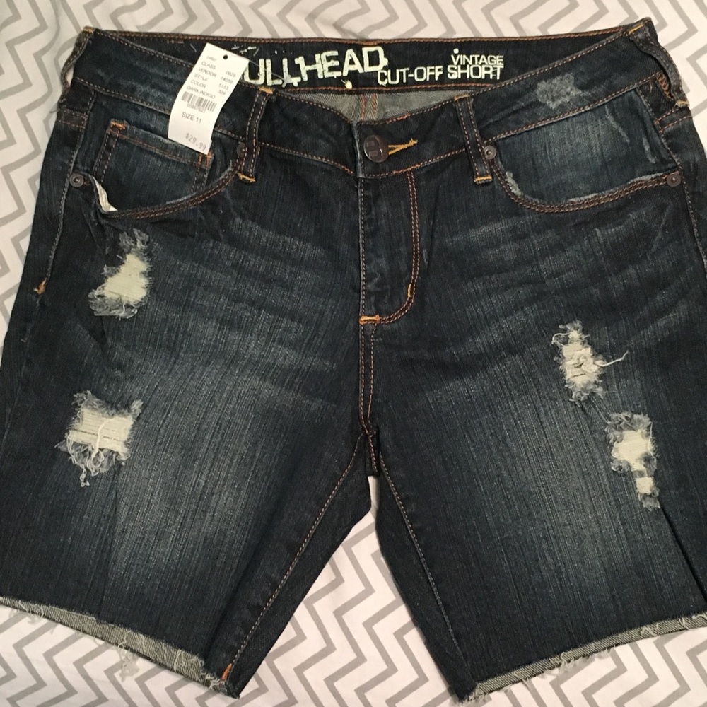 Women's new jean shorts, dark indigo with distres