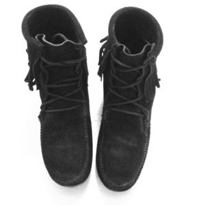 Minnetonka black suede moccasin fringe ankle boots