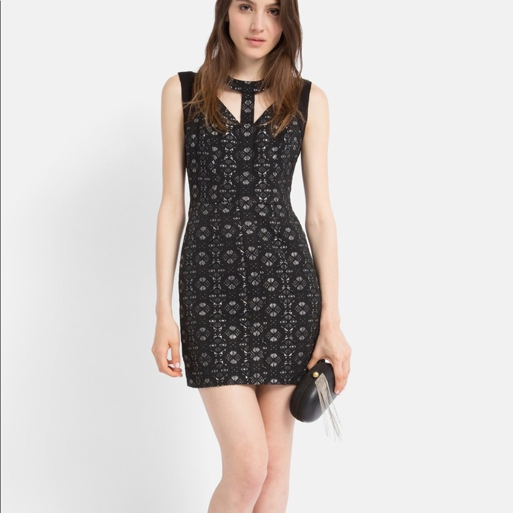 MAJE New w/ Tag Leather-trim Jacquard Cutout Dress