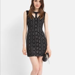 MAJE New w/ Tag Leather-trim Jacquard Cutout Dress