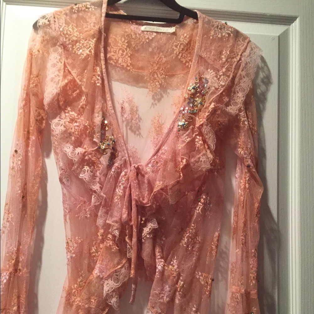 Antica-Italy peach long-sleeve all lace blouse.