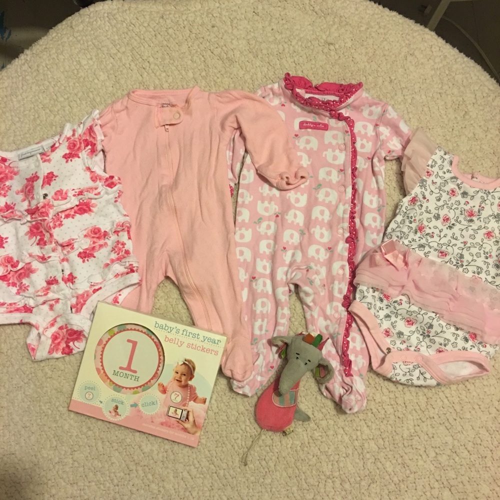 Baby girl clothes, binkie clip, month stickers