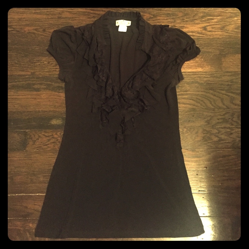 Black short sleeve top with ruffle detail