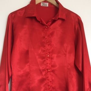 Red silk button-down shirt