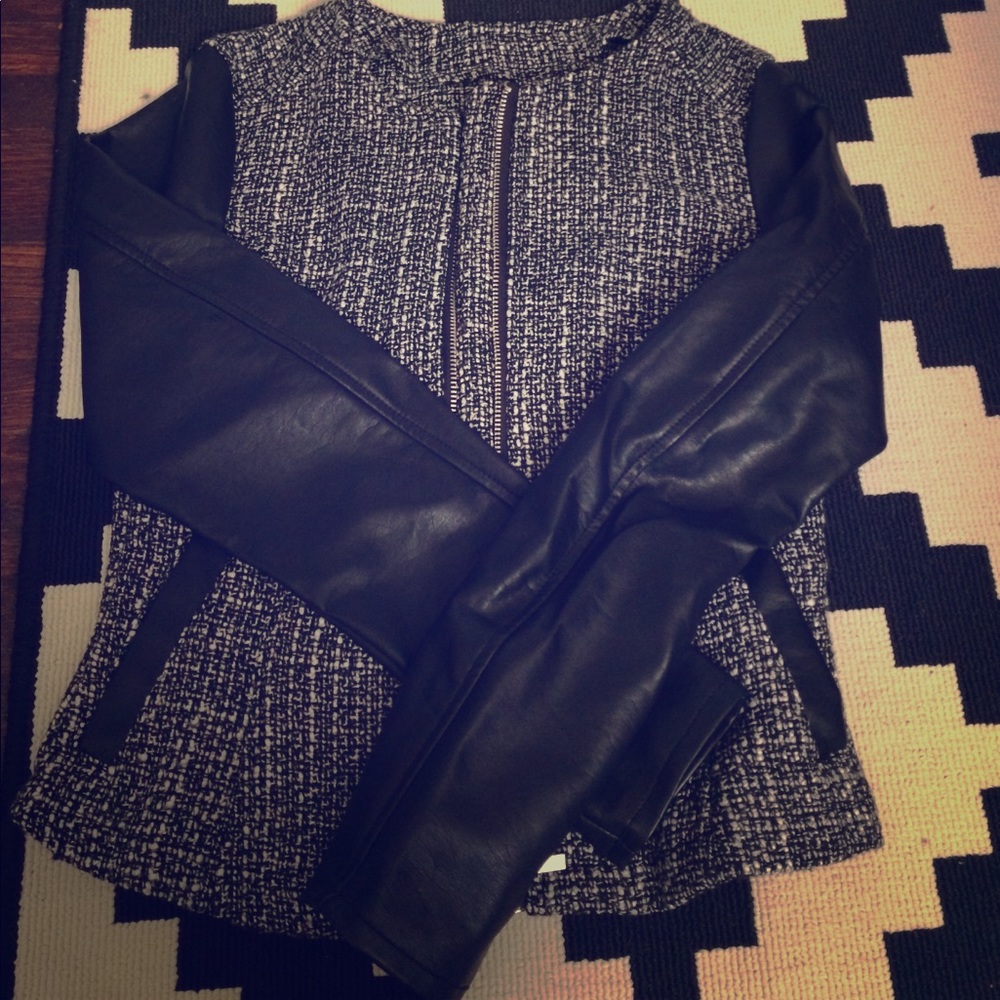 Tweed jacket with black faux leather sleeves