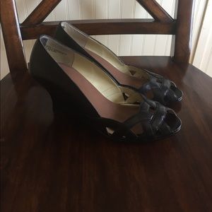 Black leather wedge heels