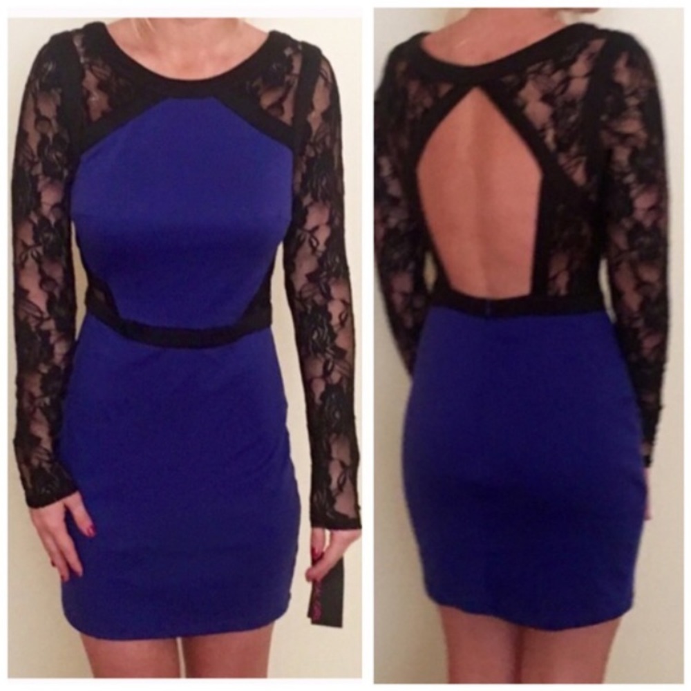 Open back black and blue lace dress