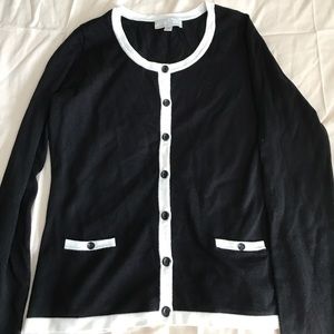 Carolyn Taylor black cardigan with white accents