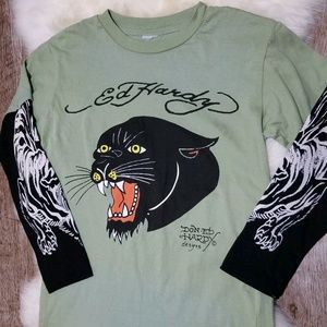 ED HARDY FAUX LAYERED LONG SLEEVE T COUGAR