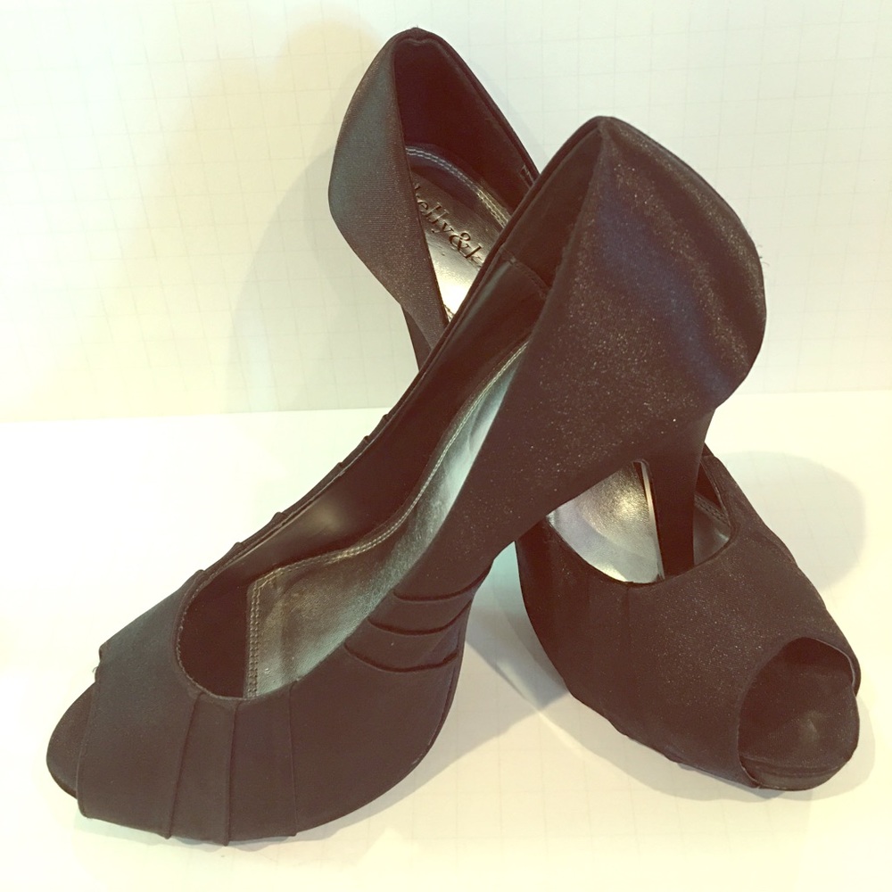Satin black peep toe heels