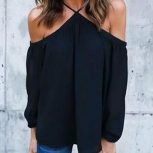 Black Chiffon Halter Cold Shoulder Top.