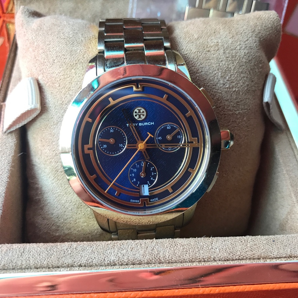 Tory Burch Gold Plated/Navy 37mm Chronograph Watch